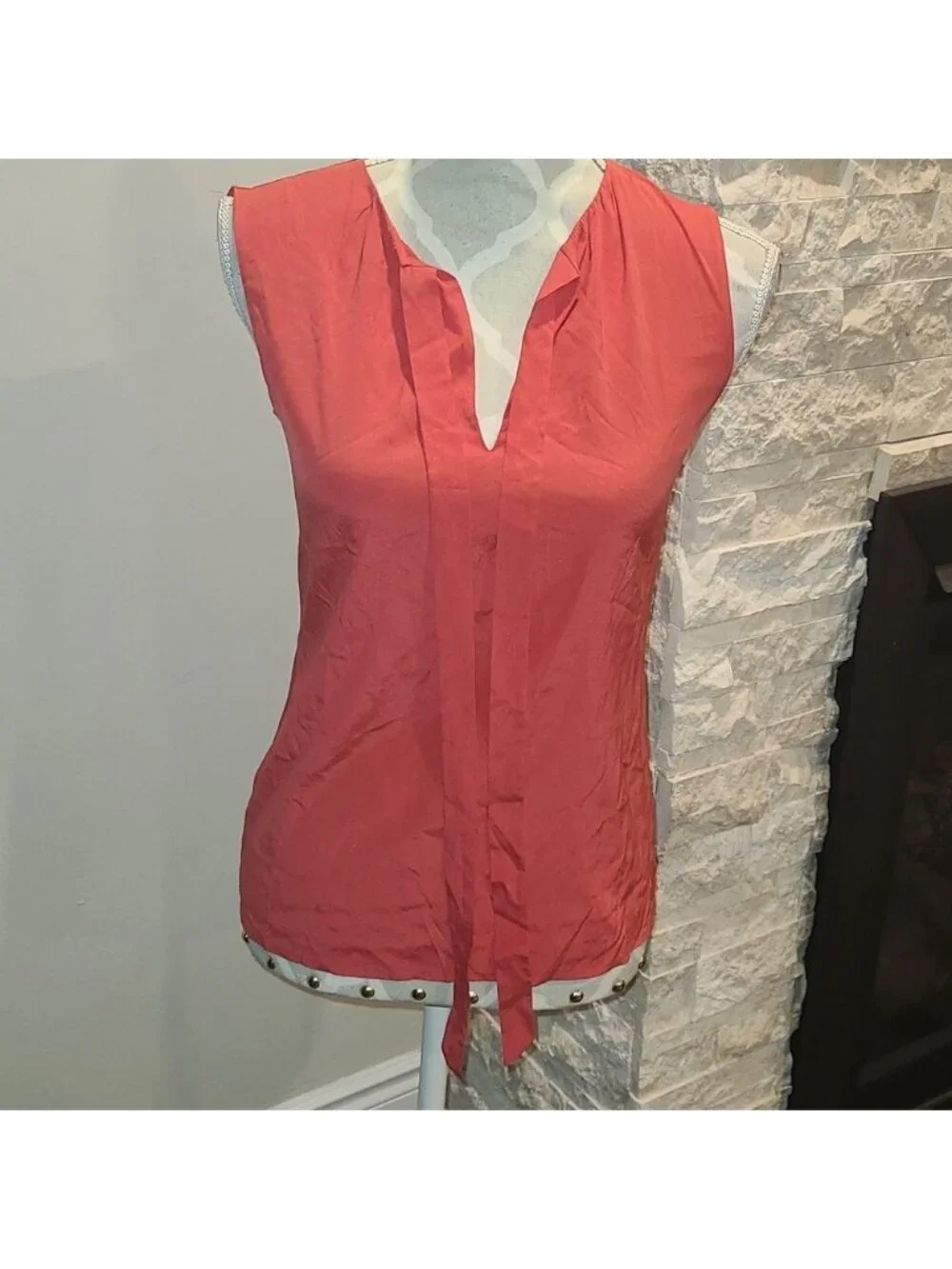 Tory Burch Coral Tie Neck Sleeveless Silk Blouse